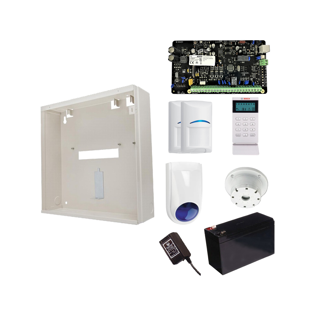 Bosch Solution 2000 alarm kit with control panel, LCD keypad, three PIR sensors, siren, and backup battery.