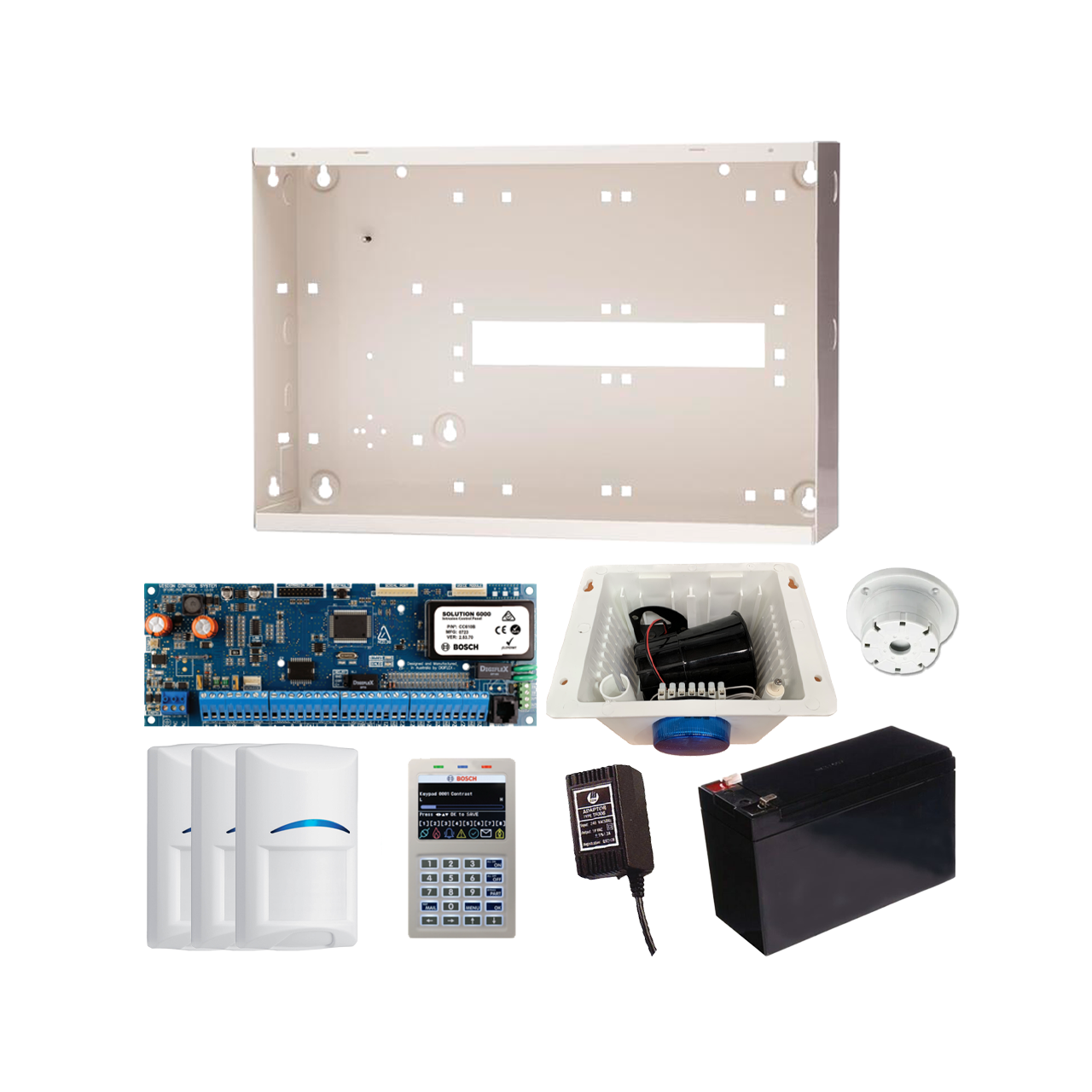 Bosch security alarm kit featuring a control board, metal enclosure, keypad, sensors, siren, and backup battery.