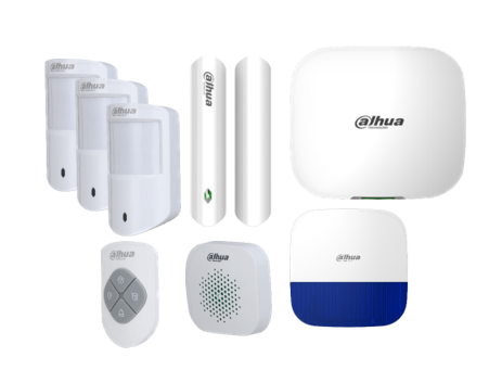 Components of the Dahua AirShield wireless alarm kit, including the hub, PIR sensors, sirens, and remote keyfob.