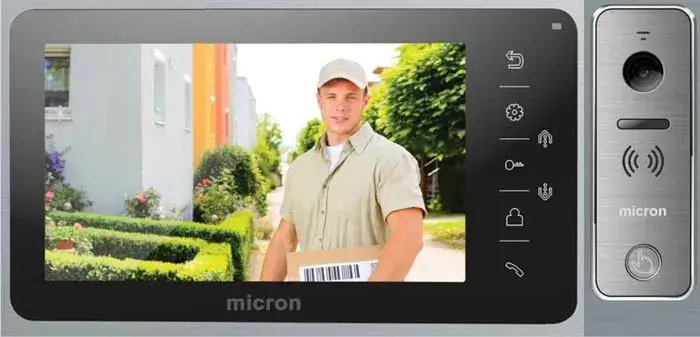 A 7-inch Micron video intercom monitor displaying a delivery person at the door station.
