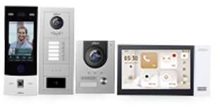 Selection of Dahua video intercom stations, including multi-button modules and a touchscreen indoor monitor.