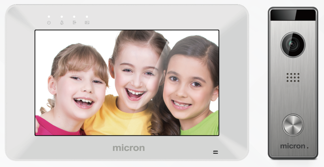 White 7-inch Micron video monitor and slim silver door station with camera and call button.