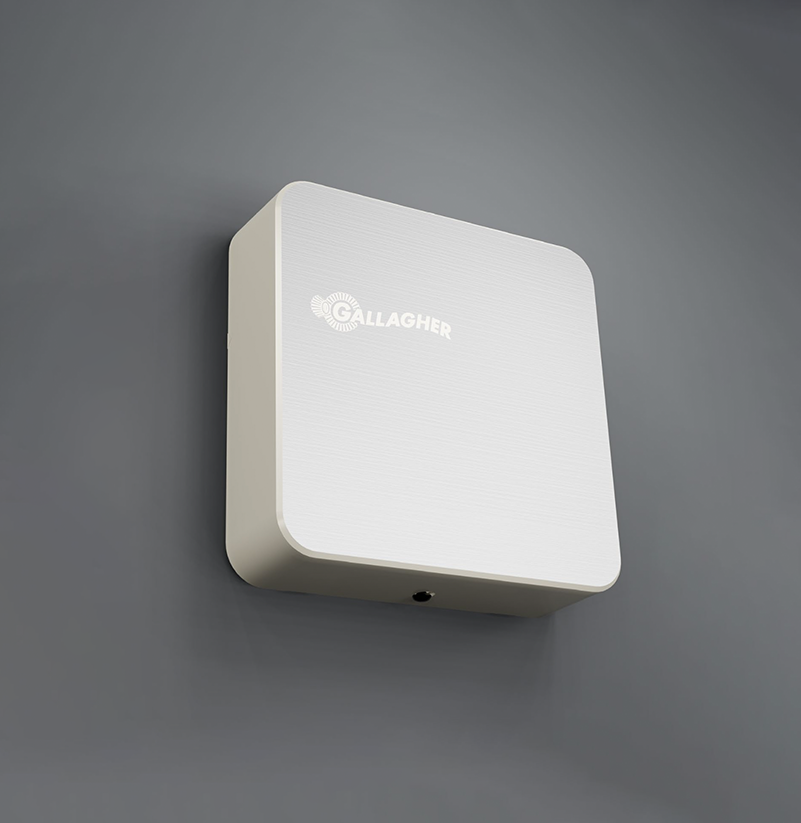 A square, wall-mounted Gallagher access control reader with a silver brushed-metal finish.